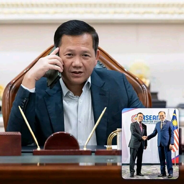 សម្តេចបវរធិបតី ហ៊ុន ម៉ាណែត ពិភាក្សាតាមទូរសព្ទជាមួយ ឯកឧត្តម នាយករដ្ឋមន្ត្រីម៉ាឡេស៊ី និងបញ្ជាក់អំពីគោជំហររបស់រាជរដ្ឋាភិបាលកម្ពុជាពាក់ព័ន្ធព្រំដែនកម្ពុជា-ថៃ