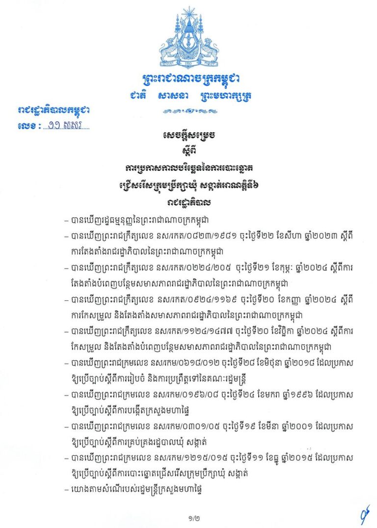 សេចក្តីសម្រេច ស្តីពី ការប្រកាសកាលបរិច្ឆេទនៃការបោះឆ្នោត ជ្រើសរើសក្រុមប្រឹក្សាឃុំ សង្កាត់អាណត្តិទី៦